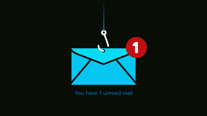 Email with fishing hook and notification icon, malicious attempt to trick the recipient by mail phishing.