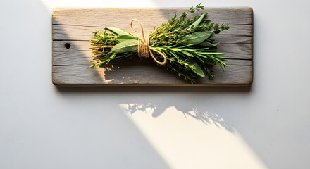 A rustic wooden board holds a fragrant bunch of fresh herbs, tied with twine, bathed in sunlight; perfect for culinary, health, or lifestyle content.