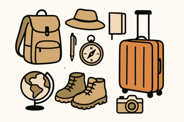 Travel Equipment Set with Luggage Map Camera Backpack Shoes Globe Notebook