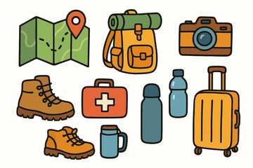 Travel and Hiking Equipment Set with Map Backpack Camera Water Bottles and Suitcase