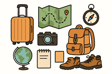 Travel and Hiking Equipment Set with Map Backpack Camera Water Bottles and Suitcase