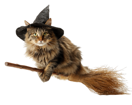 Cat wearing black witch hat sitting on broomstick, fluffy fur, green eyes, Halloween costume, fantasy, isolated on white, playful and magical mood