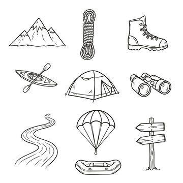 Set of  adventure icons in hand drawn doodle style. Vector illustration with mountain peak, rope, climbing boot, kayak, tent, binoculars, river, parachute, raft, hiking