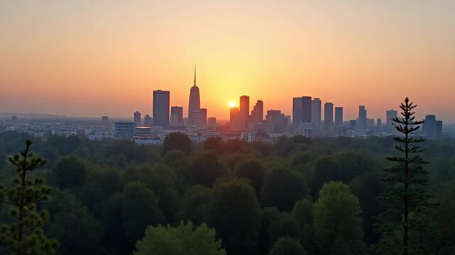 park forest and skyscrapes at sunset