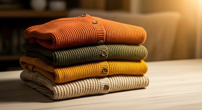 A neatly folded stack of four cozy, warm, ribbed knit cardigans in autumn colors on a wooden table, illuminated by soft morning light. - Powered by Adobe