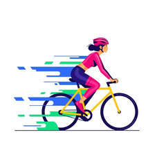 Fototapeta premium Vector illustration of a woman cyclist riding a bicycle at high speed with motion blur effects.