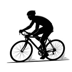 Fototapeta premium Black silhouette of a male cyclist riding a road bicycle with a helmet and cycling gear on a white background, depicting motion.