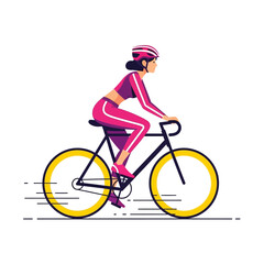 Fototapeta premium A minimalist illustration of a woman in pink cycling gear riding a bicycle with yellow wheels, depicted in motion on a white background.