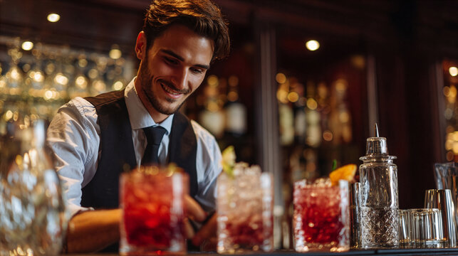 Attractive young man bartender, clean shaven, making cocktails at an upscale bar
