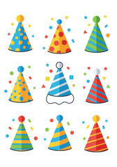 Colorful Flat Vector Party Hats With Scattered Confetti