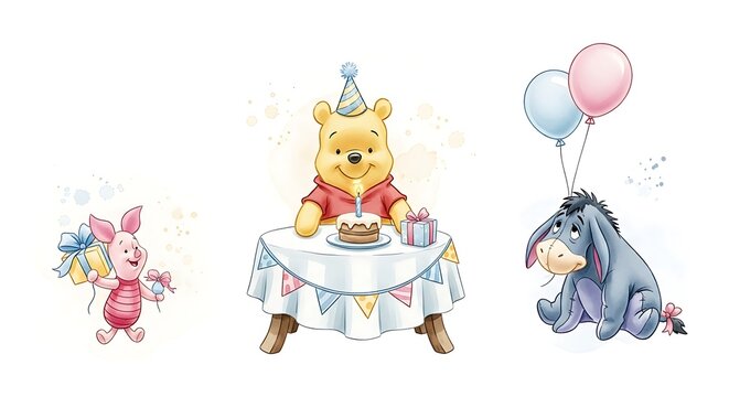 Winnie the Pooh, Piglet, and Eeyore celebrate a birthday party with a cake, gifts, and balloons.