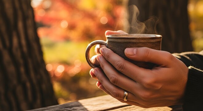 Cozy hands holding a steaming mug of hot coffee in a warm autumn park setting with vibrant fall foliage. - Powered by Adobe