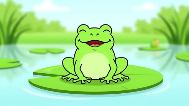 Pixel art illustration of a smiling green frog sitting on a lily pad in a pond. Cartoon style with bright colors and a peaceful atmosphere.