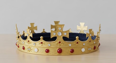 A regal golden crown, adorned with intricate crosses, sparkling gems, and rich red accents, sits elegantly on a light wooden surface.