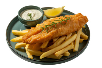 Delicious golden battered fish and crispy fries served with tartar sauce and lemon wedge isolated on transparent background