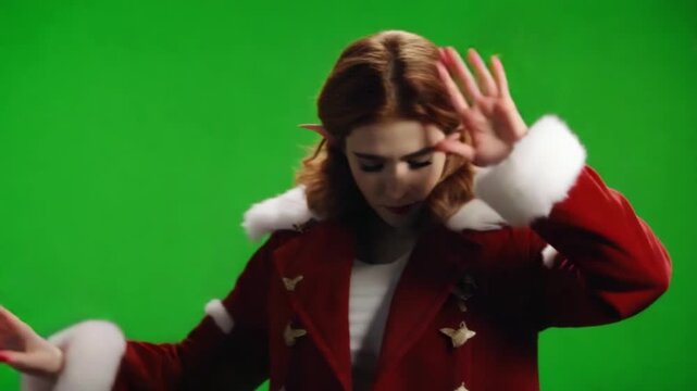 Woman with elf ears in red santa coat posing in front of a solid green screen background studio shot christmas elves green screen video