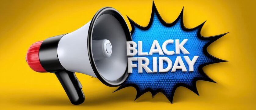 A colorful graphic featuring a megaphone and the text "BLACK FRIDAY" in a burst, emphasizing sales and promotions associated with the shopping event.