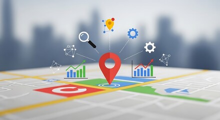 A red location pin, surrounded by various graphic elements, is centered on a map, signifying location data, analysis, and growth.