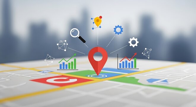 A red location pin, surrounded by various graphic elements, is centered on a map, signifying location data, analysis, and growth.