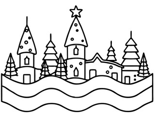 Obraz premium Winter Village Outline with Christmas Trees and Snow Drifts Ideal for Coloring Books and Crafts