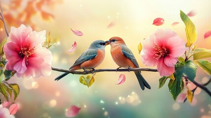 An ultra-realistic, 2 cute paired birds in love perched on a branch between 3 beautiful big flowers, 