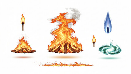 Elemental Set of Fire and Air with Campfire, Flames, Smoke, and Blue Swirl on Isolated transparent background