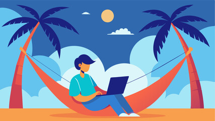 A person works on their laptop while sitting in a hammock strung between two palm trees swaying gently in the breeze.. Vector illustration
