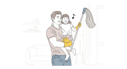 Father and Daughter Having Fun While Cleaning the House Together, Minimalist Line Art of a Modern Dad and Child Doing Household Chores