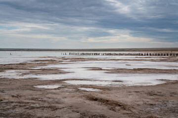 Drying salt lake Baskunchak on a summer day, Nizhny Baskunchak, Akhtubinsky district, Astrakhan region, Russia