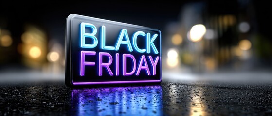 Neon sign displaying "BLACK FRIDAY" in a wet urban environment, highlighting a popular shopping event with vibrant colors and reflections.