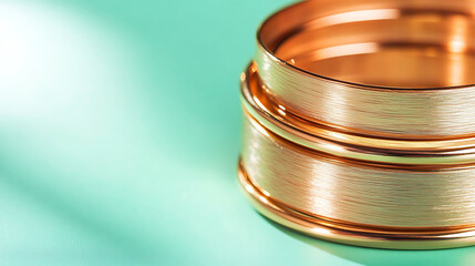 Rose gold bangles stacked neatly with shadow depth, solid mint green background, focus on brushed metal texture, light coming from above-left,