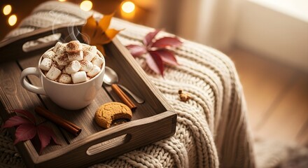Steaming hot chocolate with marshmallows, cocoa, a cookie, cinnamon, and autumn leaves on a wooden tray, on a cozy knitted blanket for fall.