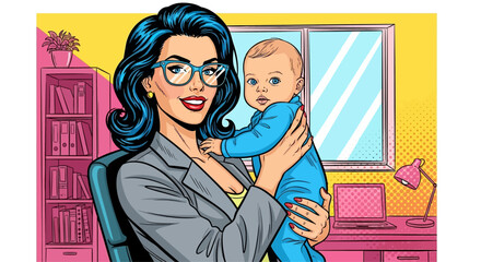 Pop Art of a Successful Businesswoman Holding Her Baby in a Modern Office, Super Mom: Confident Career Woman Juggling Work and Motherhood, Comic Style