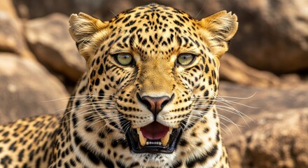 Obraz premium A close up of a leopard with its mouth open looking directly at the camera in a natural setting
