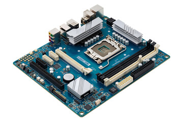 Detailed close-up of a modern computer motherboard with cpu socket and ram slots isolated on transparent background