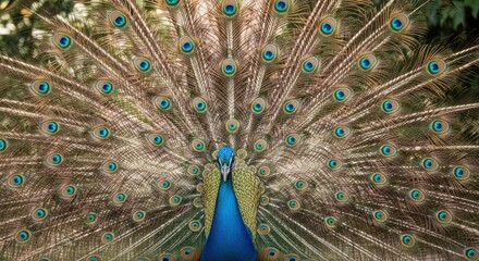 Fototapeta premium A peacock displaying its vibrant feathers with iridescent eyespots in a full fan display