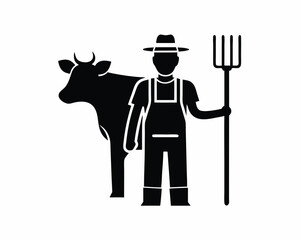 Farmer with cow icon and logo silhouette vector isolated on white background