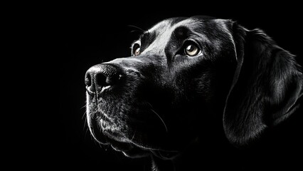 Close up portrait of a black dog against a black background