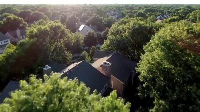 Aerial view of a suburban residential neighborhood in Stockton, California, showcasing rows of single-family homes, streets, and surrounding farmland. Ideal for topics related to urban planning, Calif