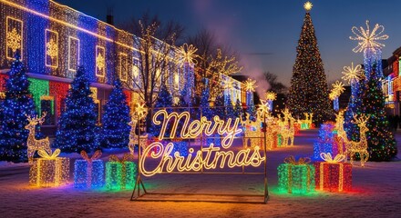 Outdoor Christmas lights and decorations at night in a neighborhood