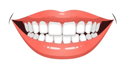 Fototapeta premium A cartoon illustration of a wide smile with healthy white teeth and bright red lips on white background