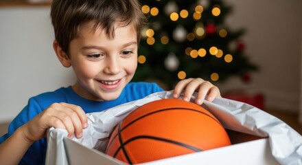 Excited boy opening gift box with basketball at Christmas time