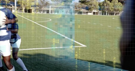 Rugby teammates doing lineout lift on pitch while training grid overlay sliding in tracking motion - Powered by Adobe