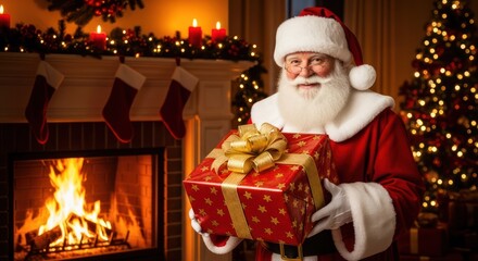 Festive holiday scene of a gift giver next to a fireplace portrait