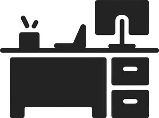 Silhouette of a modern office desk with computer equipment and accessories.