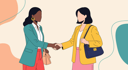 Two Faceless Businesswomen in Colorful Blazers Shaking Hands in Agreement.