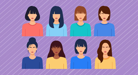 Diverse Women A Collection of Stylized Portraits with Varied Hairstyles and Skin Tones.