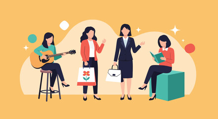 Diverse women engaging in various activities music shopping business and reading.