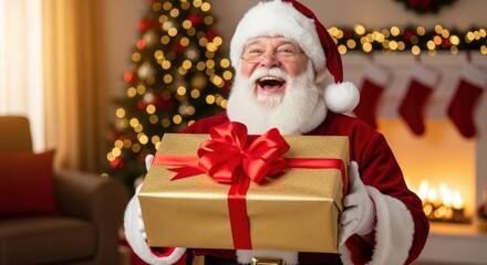 Cheerful Santa Claus holding a golden Christmas gift with a red bow