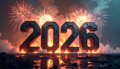 Golden 2026 numerals illuminated by vibrant fireworks display.